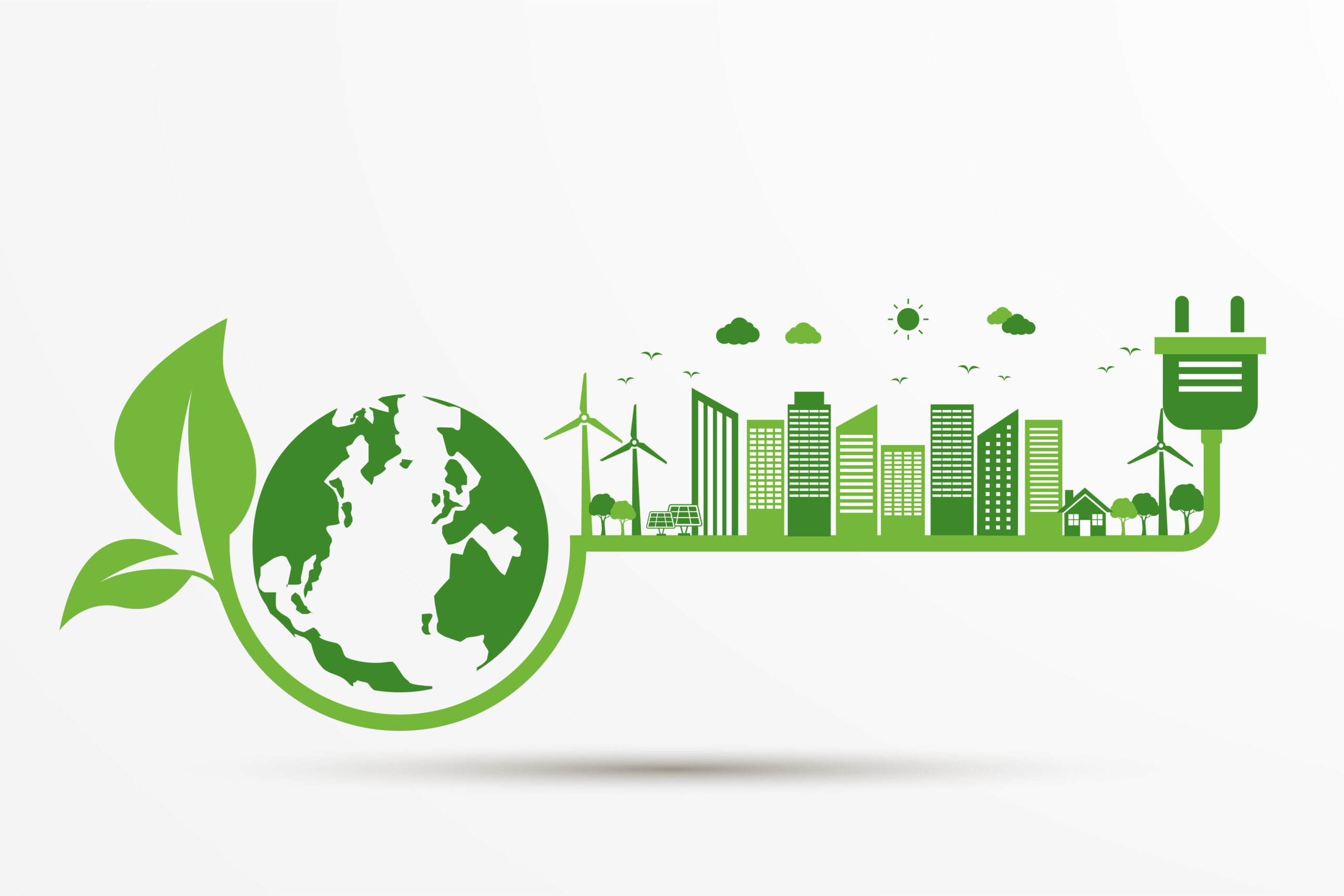 power plug green ecology city with earth icon. Energy ideas save the world concept. sustainable and environmental friendly. isolated on white background. vector illustration in flat style  design.